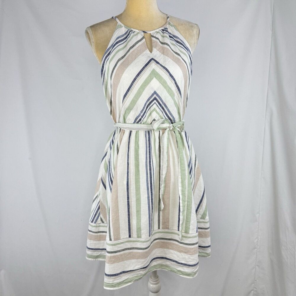 Women's Striped Linen Blend Lined Keyhole Halter Dress Multicolor Size M Miami - Picture 9 of 16